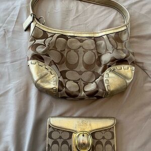 Coach Gold and Brown Shoulder Bag with Signature Monogram